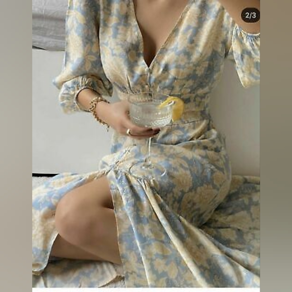 Zara Blue and Creamy Yellow Maxi Dress with V-Neck Bishop Sleeves Size XL